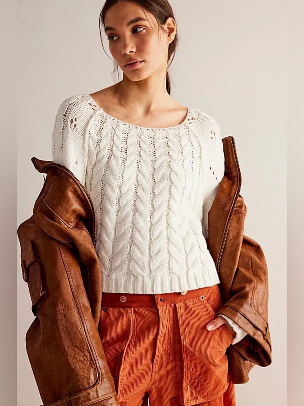 Free People Sandre Cream Cable Knit Long Sleeve Seeater Small Boho Cottagecore - Picture 4 of 9